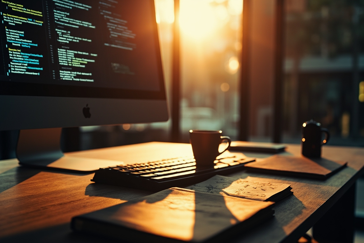 Postazione tecnica con terminal, tastiera meccanica e notebook