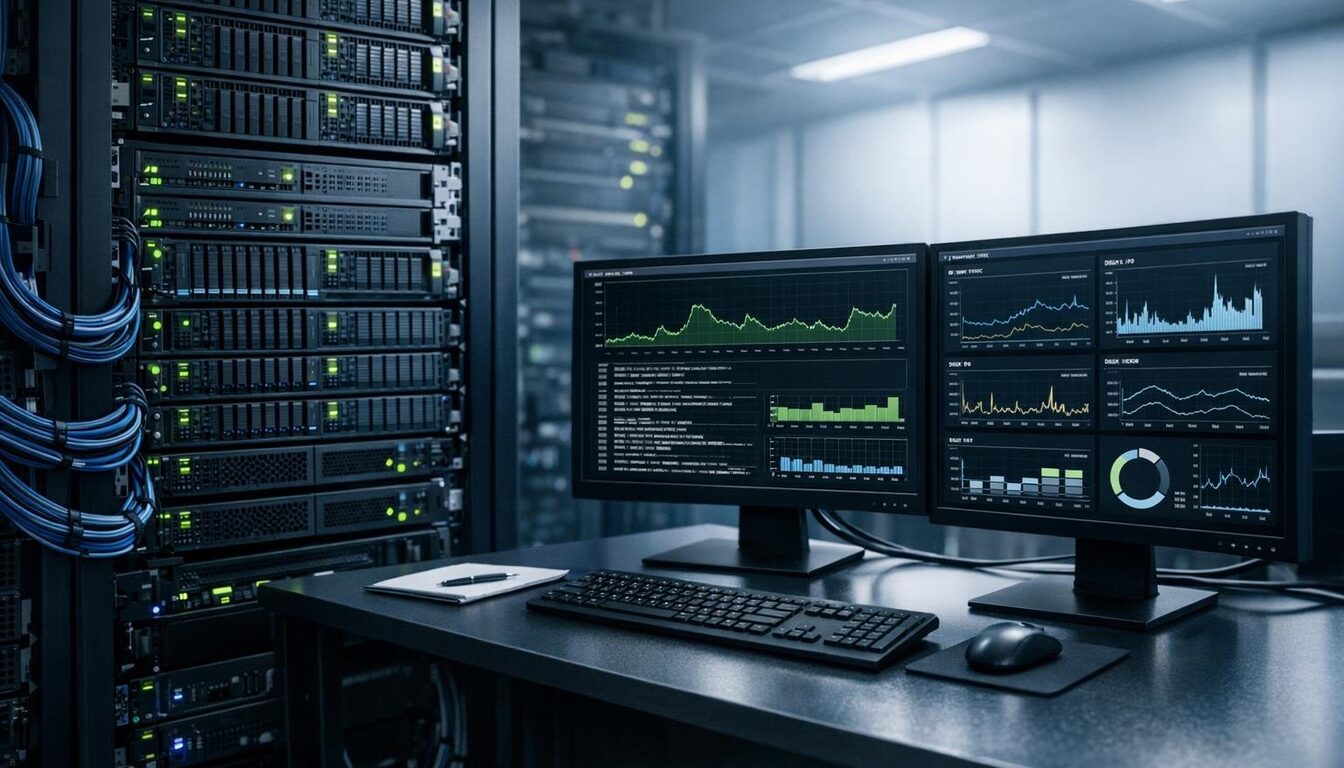 Postazione tecnica con rack server e dashboard di monitoraggio